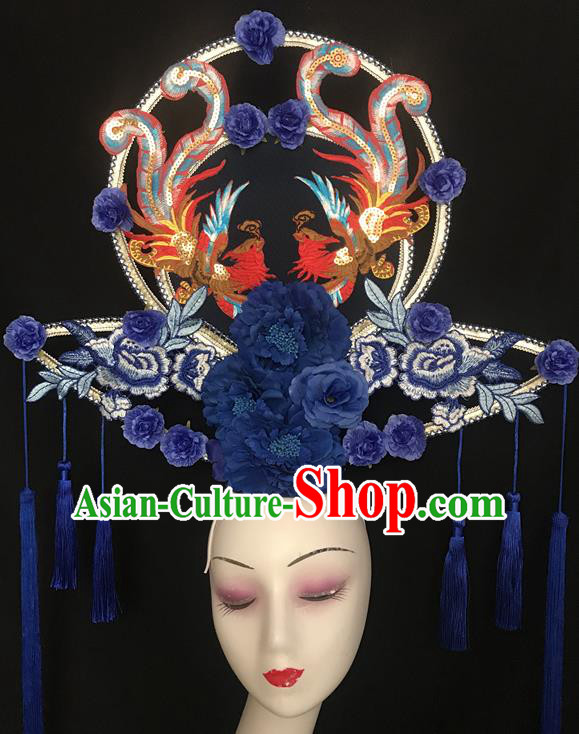 Chinese Traditional Court Fan Hair Clasp Catwalks Giant Fashion Headpiece Handmade Cheongsam Show Navy Peony Tassel Hair Crown