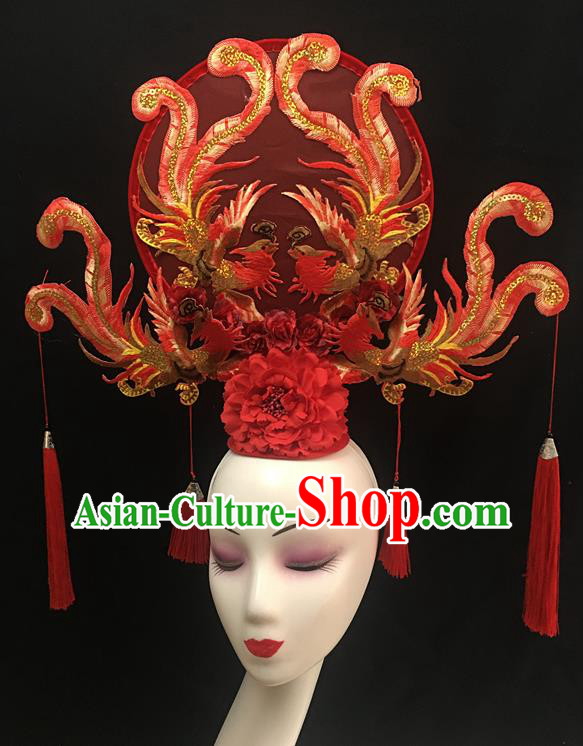 China Cheongsam Show Embroidered Phoenix Hair Crown Court Red Fan Hair Clasp Catwalks Fashion Headdress Handmade Bride Giant Headwear
