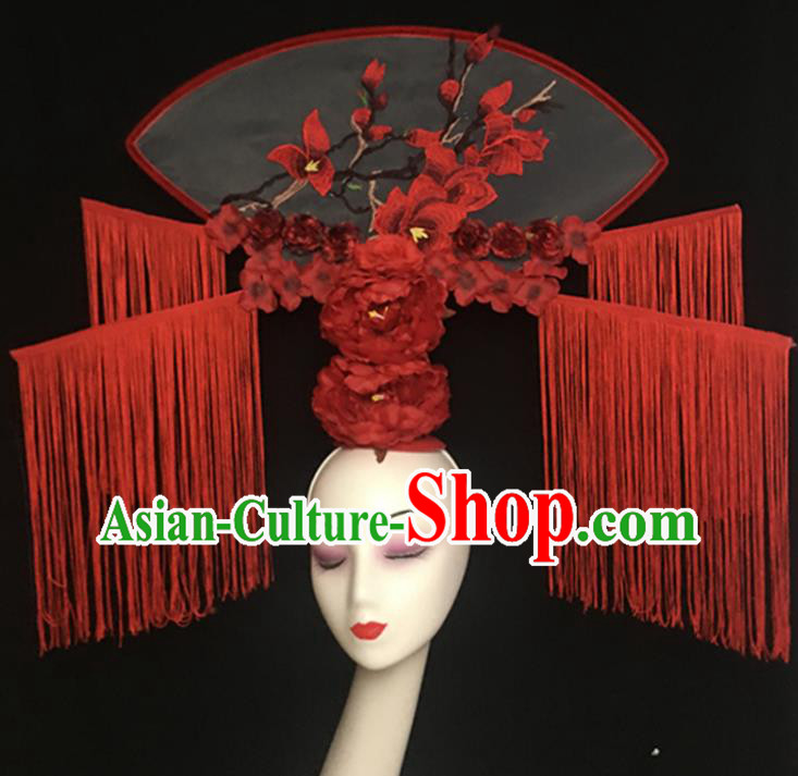 China Catwalks Fashion Tassel Headdress Handmade Bride Giant Headwear Cheongsam Show Embroidered Mangnolia Hair Crown Court Fan Hair Clasp