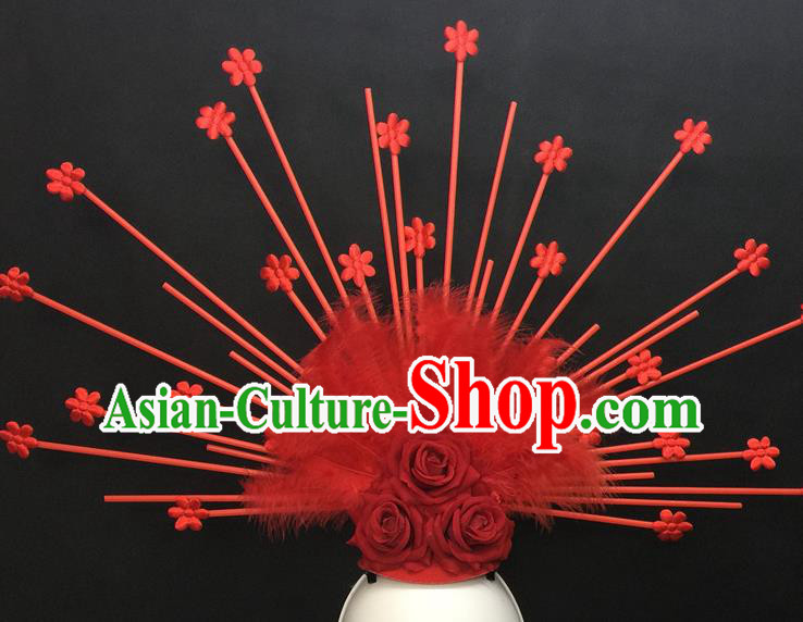 Top Halloween Fancy Ball Hair Clasp Gothic Red Rose Headdress Cosplay Party Feather Hair Accessories Catwalks Goddess Royal Crown