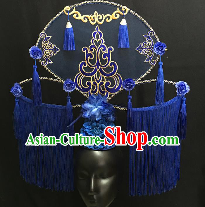 China Handmade Bride Giant Headwear Cheongsam Show Blue Tassel Hair Crown Court Fan Hair Clasp Catwalks Fashion Headdress