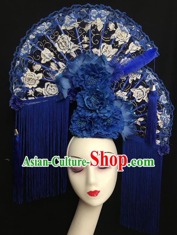 China Cheongsam Show Lace Fan Hair Crown Traditional Court Deep Blue Peony Tassel Hair Clasp Handmade Catwalks Fashion Bride Giant Headdress