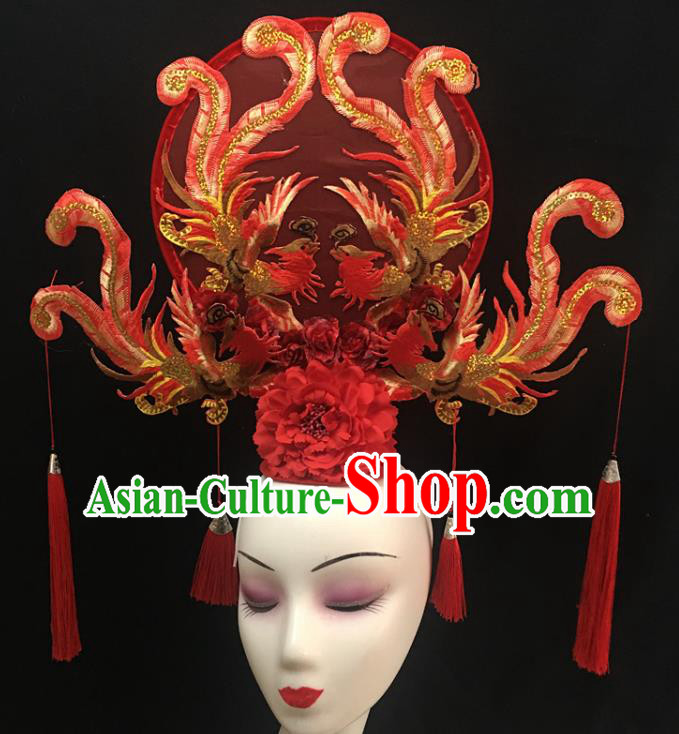 China Cheongsam Show Red Phoenix Hair Crown Court Fan Tassel Hair Clasp Catwalks Fashion Headdress Handmade Bride Giant Headwear
