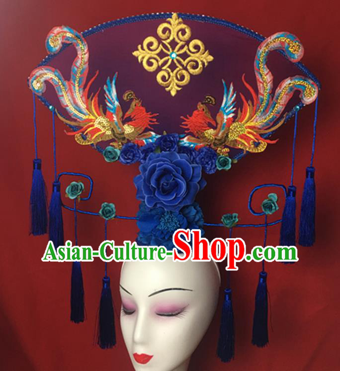 China Catwalks Giant Headdress Handmade Bride Fashion Headwear Cheongsam Show Blue Fan Hair Crown Court Sequins Phoenix Hair Clasp