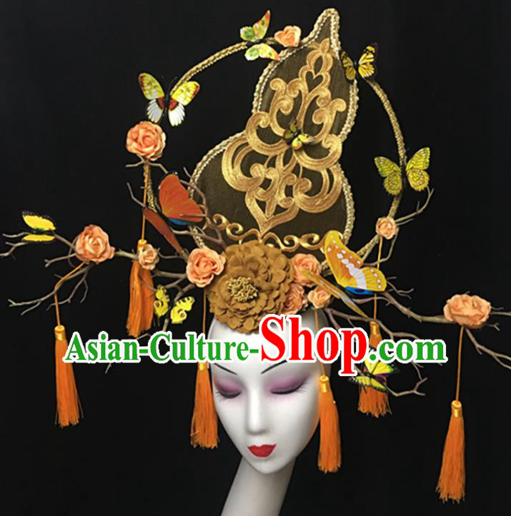China Cheongsam Show Gold Gourd Hair Crown Court Tassel Hair Clasp Catwalks Giant Headdress Handmade Bride Fashion Headwear