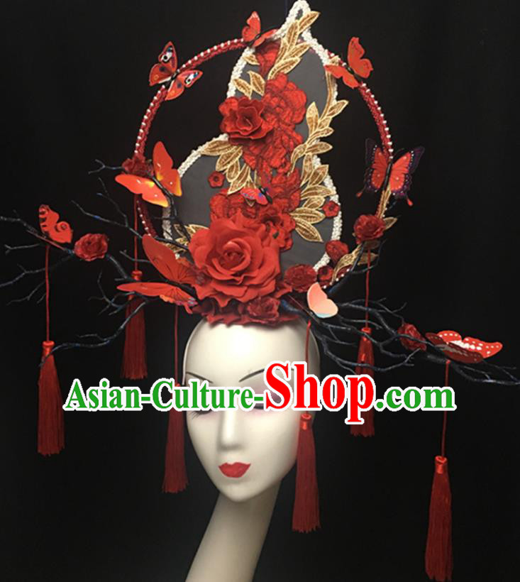 China Handmade Bride Fashion Headwear Cheongsam Show Red Gourd Hair Crown Court Tassel Hair Clasp Catwalks Giant Headdress