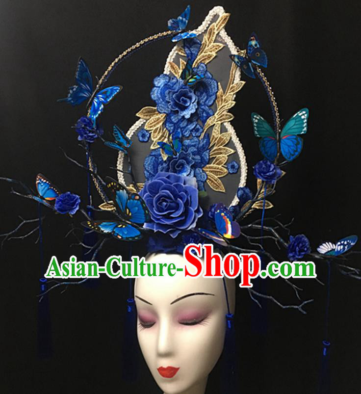 China Catwalks Giant Headdress Handmade Bride Fashion Headwear Cheongsam Show Blue Gourd Hair Crown Court Tassel Hair Clasp