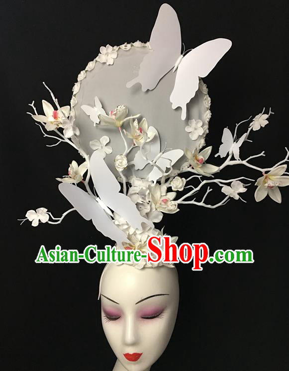 China Cheongsam Show White Butterfly Hair Crown Court Fan Hair Clasp Catwalks Giant Headdress Handmade Bride Fashion Headwear