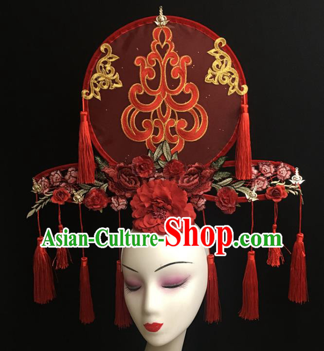 China Handmade Fashion Headwear Cheongsam Show Hair Crown Court Red Fan Tassel Hair Clasp Catwalks Bride Giant Headdress