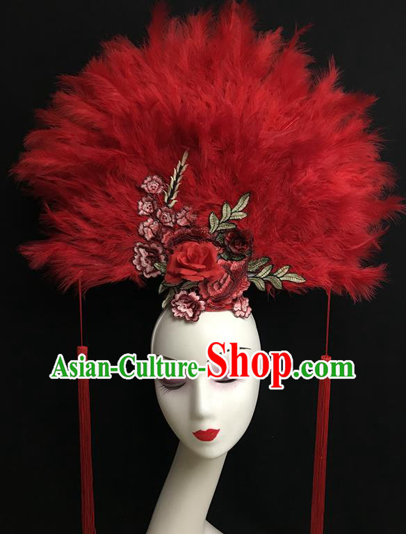 China Handmade Fashion Butterfly Headwear Cheongsam Show Red Feather Hair Crown Court Fan Hair Clasp Catwalks Bride Giant Headdress