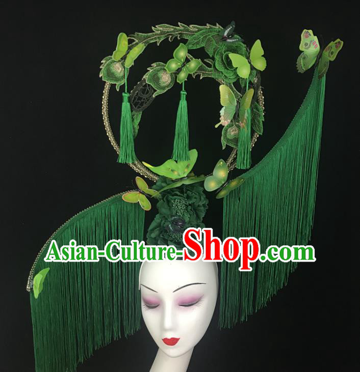 China Catwalks Deluxe Tassel Headdress Handmade Bride Fashion Headwear Qipao Show Hair Crown Court Green Flowers Top Hat