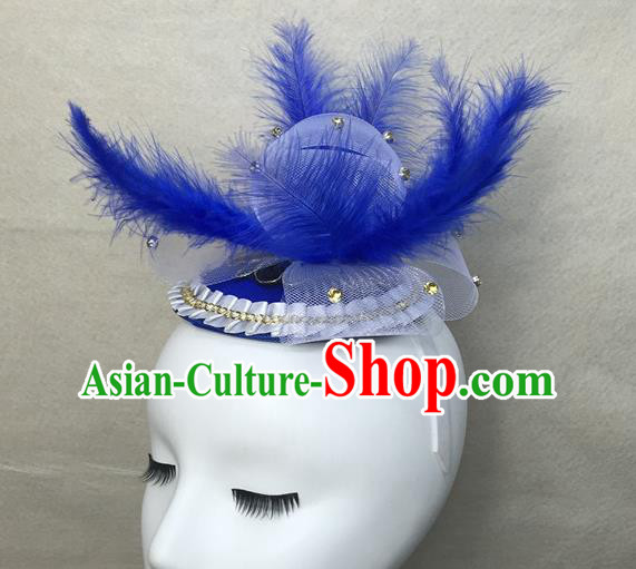 Top Cosplay Party Hair Accessories Catwalks Bride Royal Crown Halloween Fancy Ball Top Hat Brazilian Carnival Blue Feather Headdress