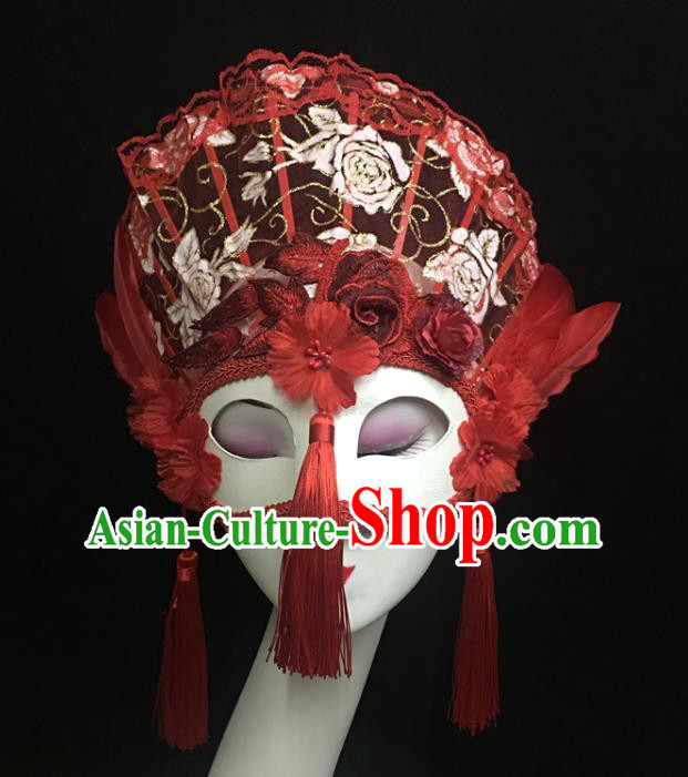 Handmade Halloween Cosplay Show Red Lace Full Face Mask Costume Party Tassel Blinder Headpiece Brazil Carnival Feather Mask