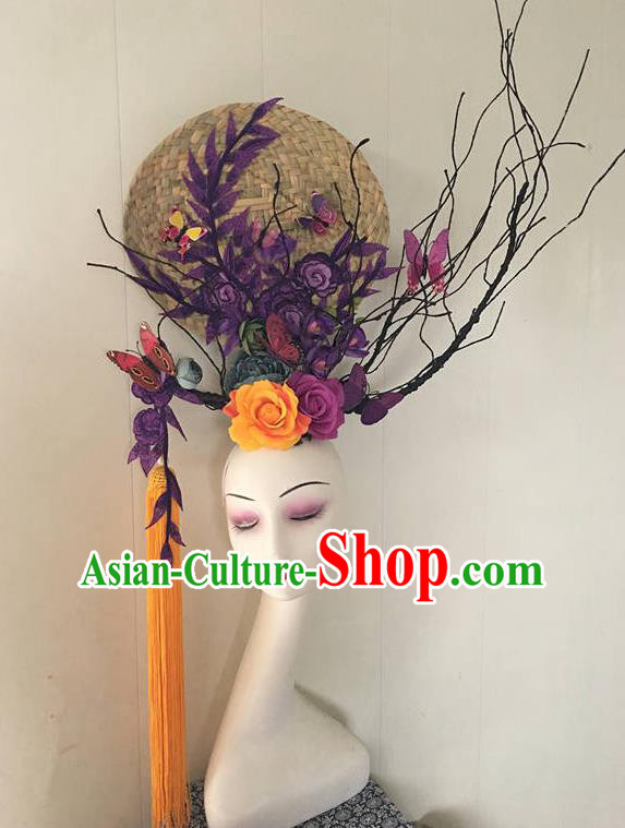 China Qipao Show Purple Flowers Hair Crown Court Rattan Fan Top Hat Catwalks Deluxe Tassel Headdress Handmade Bride Fashion Headwear