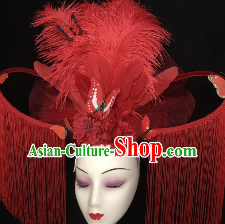 Top Rio Carnival Feather Hair Clasp Brazil Parade Headdress Halloween Cosplay Hair Accessories Catwalks Red Tassel Royal Crown