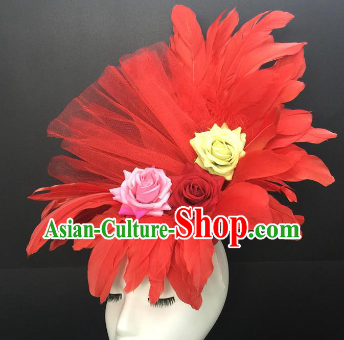 Top Cosplay Hair Accessories Catwalks Red Feather Royal Crown Halloween Party Top Hat Brazilian Carnival Headdress