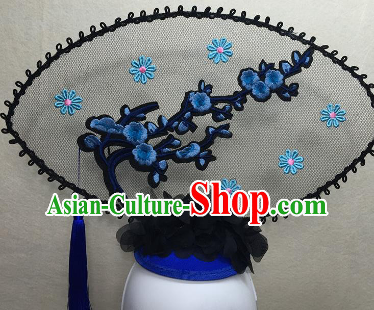 Chinese Cheongsam Catwalks Deluxe Headwear Handmade Fashion Show Giant Hair Crown Traditional Stage Court Embroidered Blue Plum Top Hat