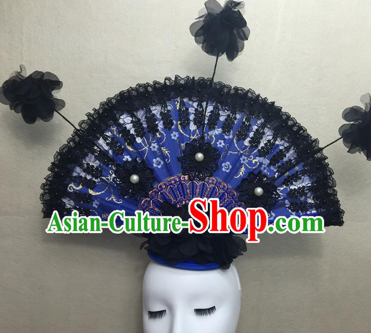 Chinese Traditional Stage Court Black Lace Top Hat Cheongsam Catwalks Deluxe Headwear Handmade Fashion Show Giant Fan Hair Crown