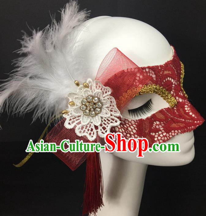 Handmade Halloween Cosplay Show Feather Mask Costume Party Blinder Headpiece Rio Carnival Red Lace Face Mask