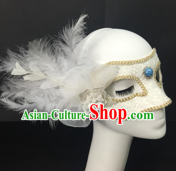 Handmade Rio Carnival White Lace Face Mask Halloween Cosplay Show Feather Mask Costume Party Blinder Headpiece
