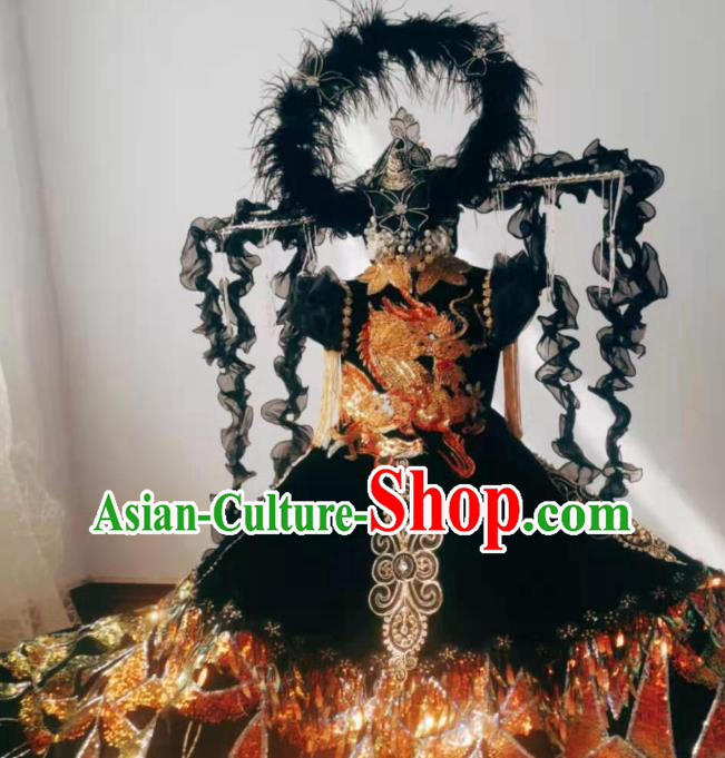 Custom Brazil Parade Black Full Dress Children Catwalks Dance Garment Costume Girl Princess Stage Show Embroidered Clothing and Feather Headdress