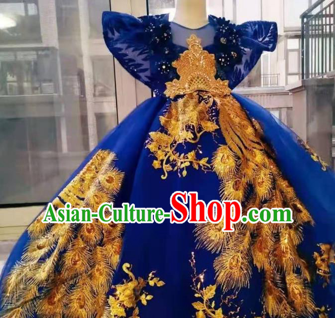 Custom Children Catwalks Dance Garment Costume Girl Princess Stage Show Embroidered Phoenix Clothing Brazil Parade Blue Full Dress
