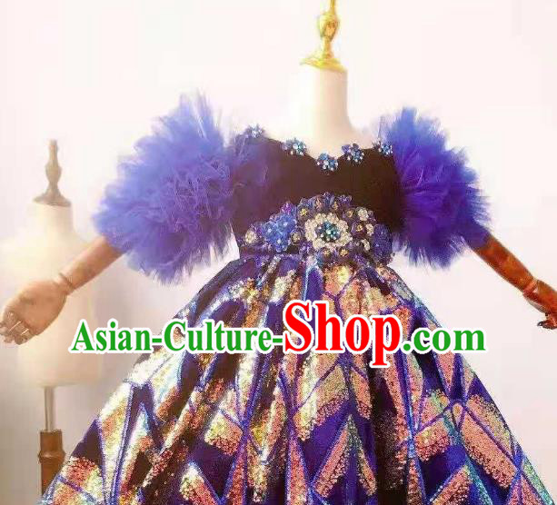 Custom Brazil Parade Blue Full Dress Children Catwalks Dance Garment Costume Girl Princess Stage Show Sequins Clothing