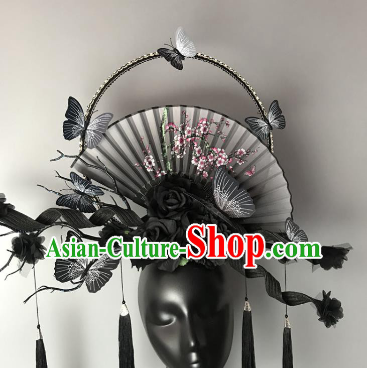 Chinese Traditional Stage Court Fan Tassel Top Hat Cheongsam Catwalks Deluxe Headwear Handmade Fashion Show Giant Black Butterfly Hair Crown