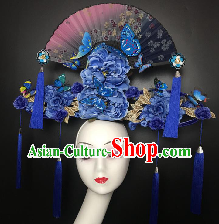 Chinese Cheongsam Catwalks Deluxe Headwear Handmade Fashion Show Giant Blue Peony Hair Crown Traditional Stage Court Fan Top Hat