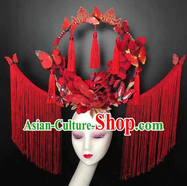 Chinese Handmade Fashion Show Red Tassel Hair Crown Traditional Stage Court Butterfly Top Hat Cheongsam Catwalks Giant Headwear