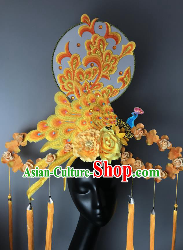 Chinese Traditional Stage Court Yellow Peacock Top Hat Cheongsam Catwalks Giant Headwear Handmade Fashion Show Embroidered Fan Hair Crown
