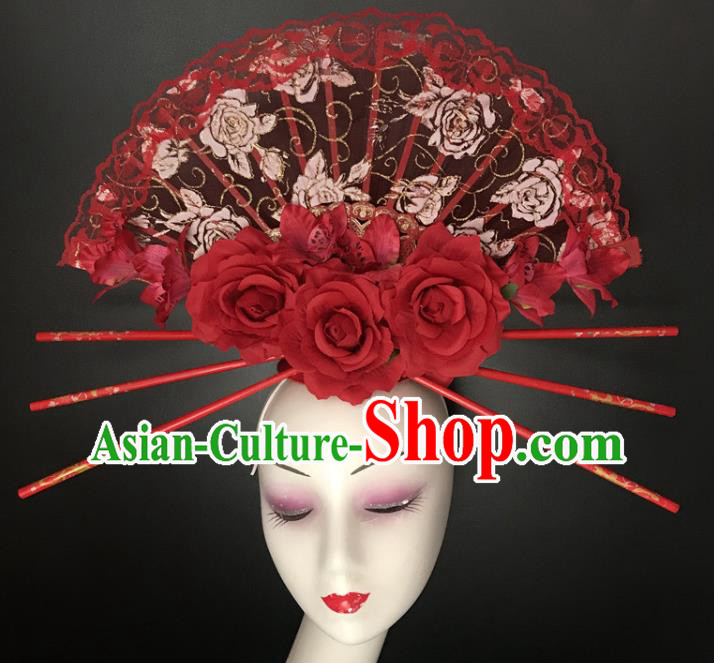 Chinese Handmade Fashion Show Red Rose Hair Crown Traditional Stage Court Lace Fan Top Hat Cheongsam Catwalks Giant Headdress