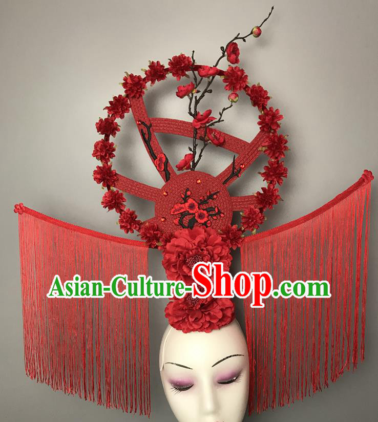 Chinese Handmade Fashion Show Flowers Hair Crown Traditional Stage Court Deluxe Tassel Top Hat Cheongsam Catwalks Giant Headdress