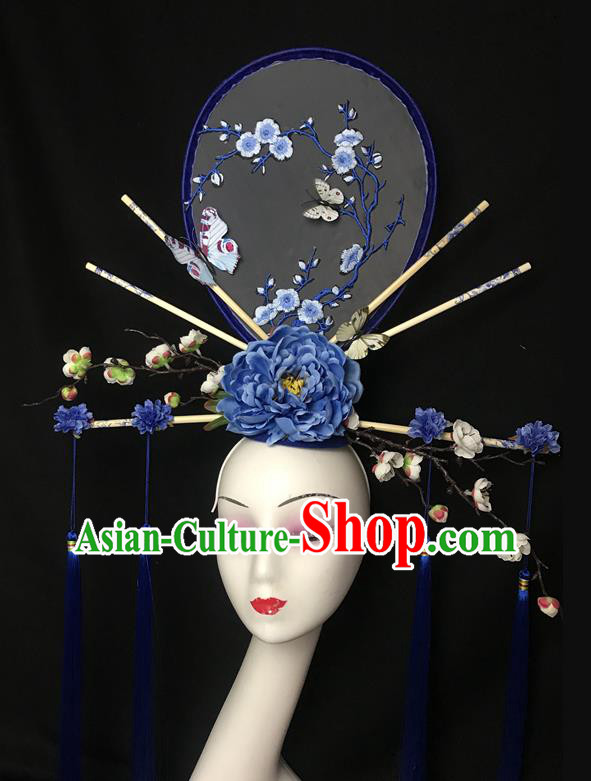 Chinese Traditional Court Embroidered Fan Top Hat Cheongsam Catwalks Fashion Giant Headdress Handmade Stage Show Blue Peony Hair Crown
