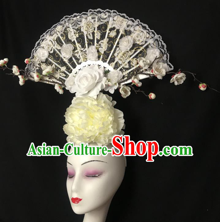 Chinese Handmade Stage Show Beige Peony Hair Crown Traditional Court Lace Fan Top Hat Cheongsam Catwalks Fashion Giant Headdress