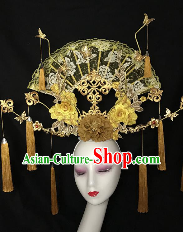 Chinese Traditional Court Yellow Lace Fan Hair Clasp Cheongsam Catwalks Giant Fashion Headdress Handmade Stage Show Tassel Hair Crown