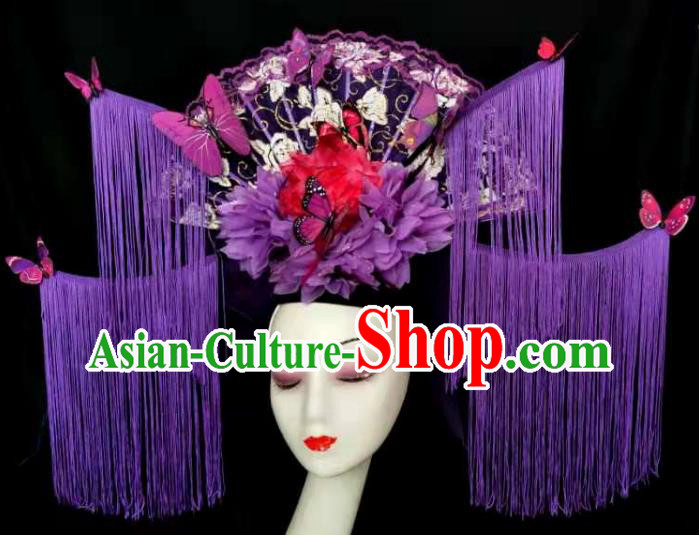 Chinese Cheongsam Catwalks Giant Fashion Headdress Handmade Stage Show Purple Tassel Hair Crown Traditional Court Lace Fan Hair Clasp