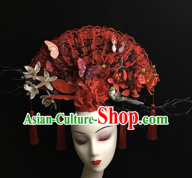 China Handmade Bride Fashion Headwear Qipao Show Hair Crown Court Red Lace Fan Hair Clasp Catwalks Deluxe Headdress