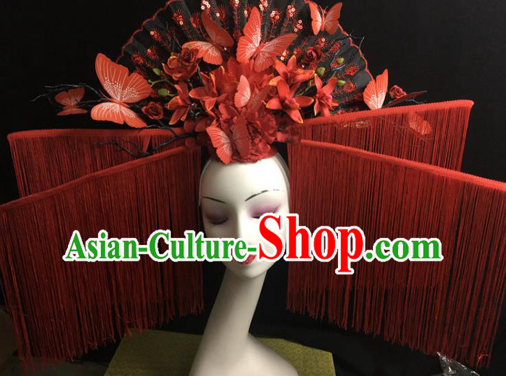 China Qipao Show Hair Crown Court Red Butterfly Fan Hair Clasp Catwalks Deluxe Headdress Handmade Bride Fashion Tassel Headwear