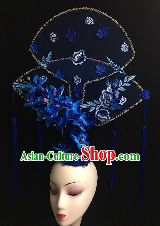 China Handmade Bride Fashion Tassel Headwear Qipao Show Blue Flowers Hair Crown Court Fan Hair Clasp Catwalks Deluxe Headdress
