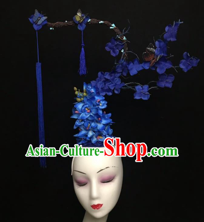 China Court Royalblue Tassel Top Hat Catwalks Deluxe Headdress Handmade Bride Fashion Headwear Qipao Show Flowers Hair Crown