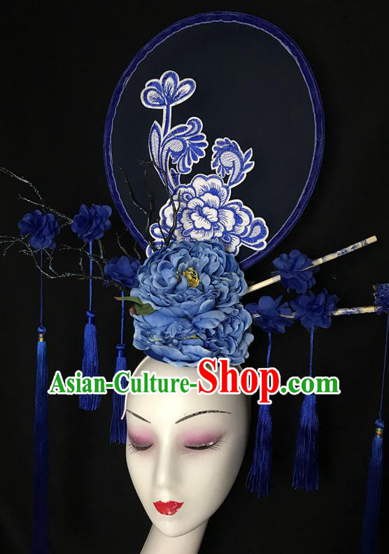 China Qipao Catwalks Bride Headdress Handmade Wedding Fashion Headwear Stage Show Tassel Hair Crown Court Blue Peony Hair Clasp