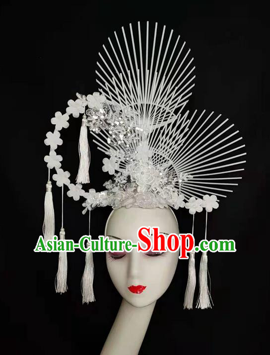China Court White Lace Flowers Hair Clasp Qipao Catwalks Bride Headdress Handmade Wedding Fashion Headwear Stage Show Tassel Hair Crown