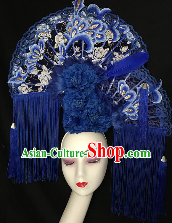 China Stage Show Tassel Hair Crown Court Lace Fan Hair Clasp Qipao Catwalks Bride Headdress Handmade Wedding Fashion Headwear