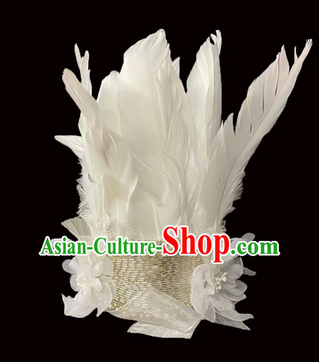 Professional Christmas Day White Feather Headwear Girl Princess Pearls Royal Crown Children Stage Performance Hair Accessories