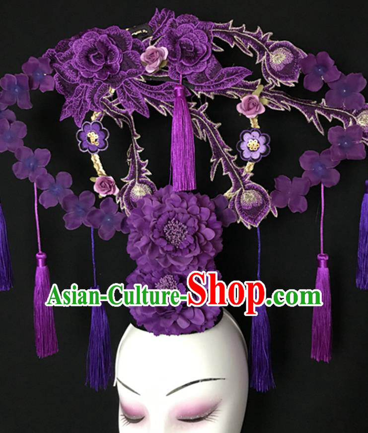 China Stage Show Purple Peony Hair Crown Court Fan Tassel Hair Clasp Qipao Catwalks Bride Headdress Handmade Wedding Fashion Headwear
