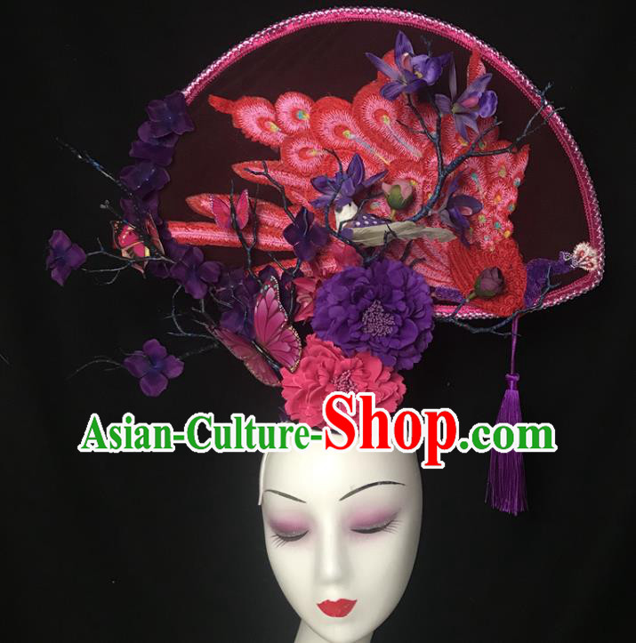 China Handmade Wedding Headwear Stage Show Embroidered Peacock Hair Crown Court Fan Tassel Hair Clasp Qipao Catwalks Fashion Headdress