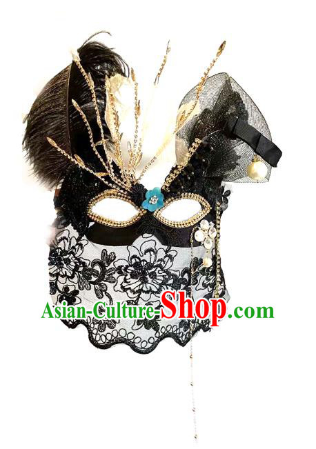 Handmade Brazil Carnival Black Veil Mask Halloween Cosplay Feather Face Mask Costume Party Gothic Blinder Headpiece