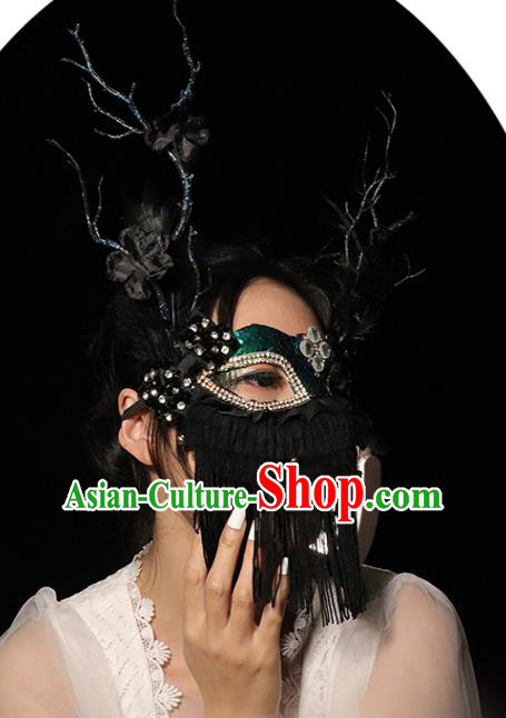 Handmade Costume Party Blinder Gothic Black Feather Headpiece Brazil Carnival Tassel Mask Halloween Cosplay Full Face Mask