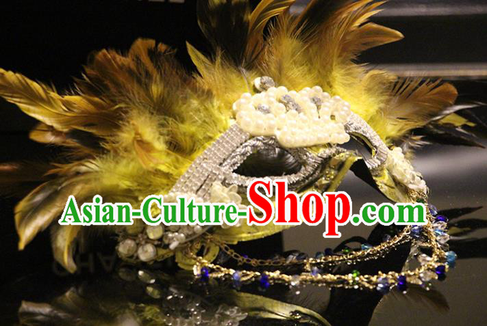 Handmade Costume Party Yellow Feather Blinder Baroque Princess Headpiece Brazil Carnival Golden Mask Halloween Cosplay Pearls Face Mask